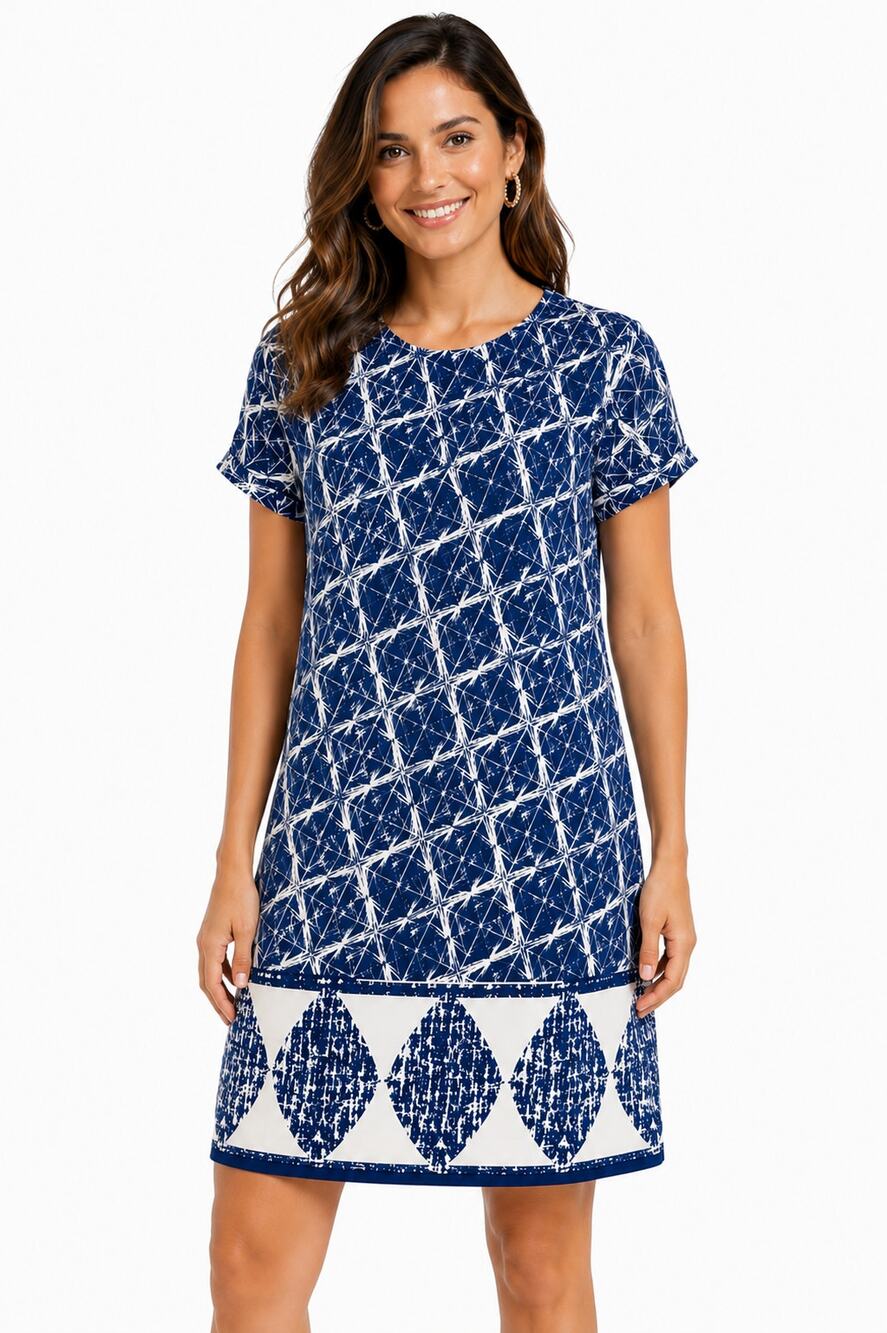 Lulus Womens Medium Blue White Abstract Print Tunic Shift Dress Keyhole Back